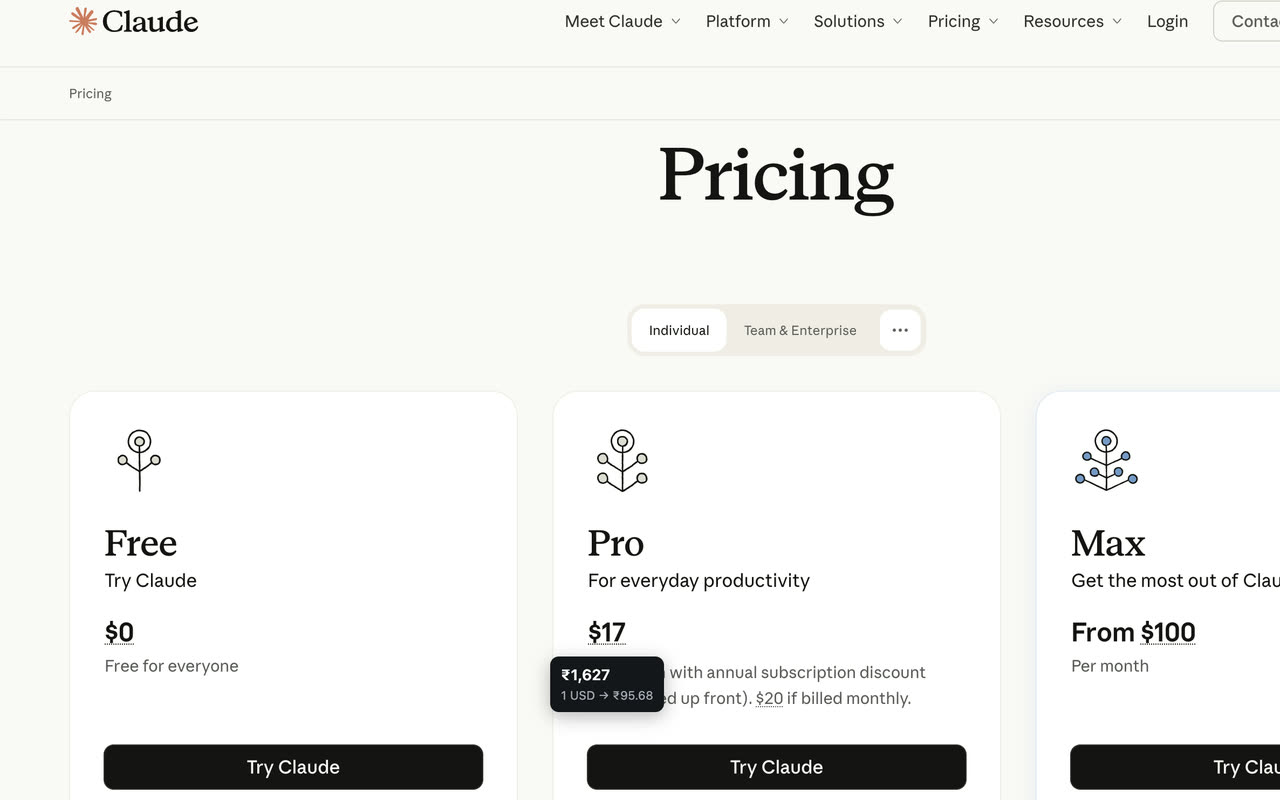 Claude’s pricing page showing the Pro plan at $17 a month, with the NumTrans tooltip beside it reading ₹1,627, 1 USD to ₹95.68.