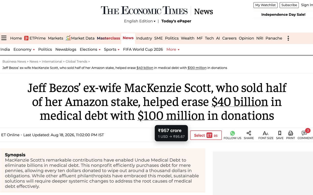 An Economic Times article headlined “Jeff Bezos’ ex-wife MacKenzie Scott … helped erase $40 billion in medical debt”, with the NumTrans tooltip beside it reading ₹957 crore, 1 USD to ₹95.67.