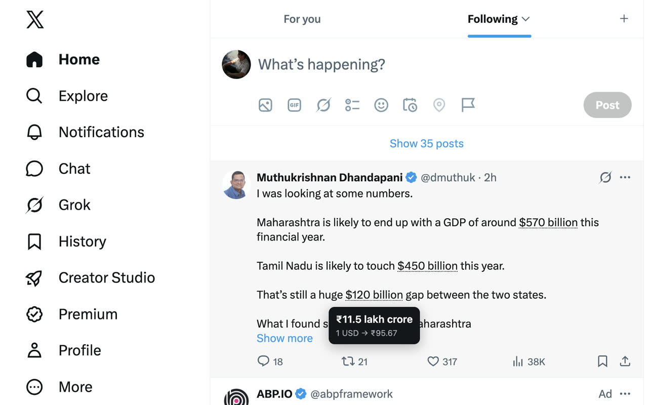A post on X comparing state GDPs in billions of dollars, with the NumTrans tooltip over $570 billion reading ₹11.5 lakh crore, 1 USD to ₹95.67.